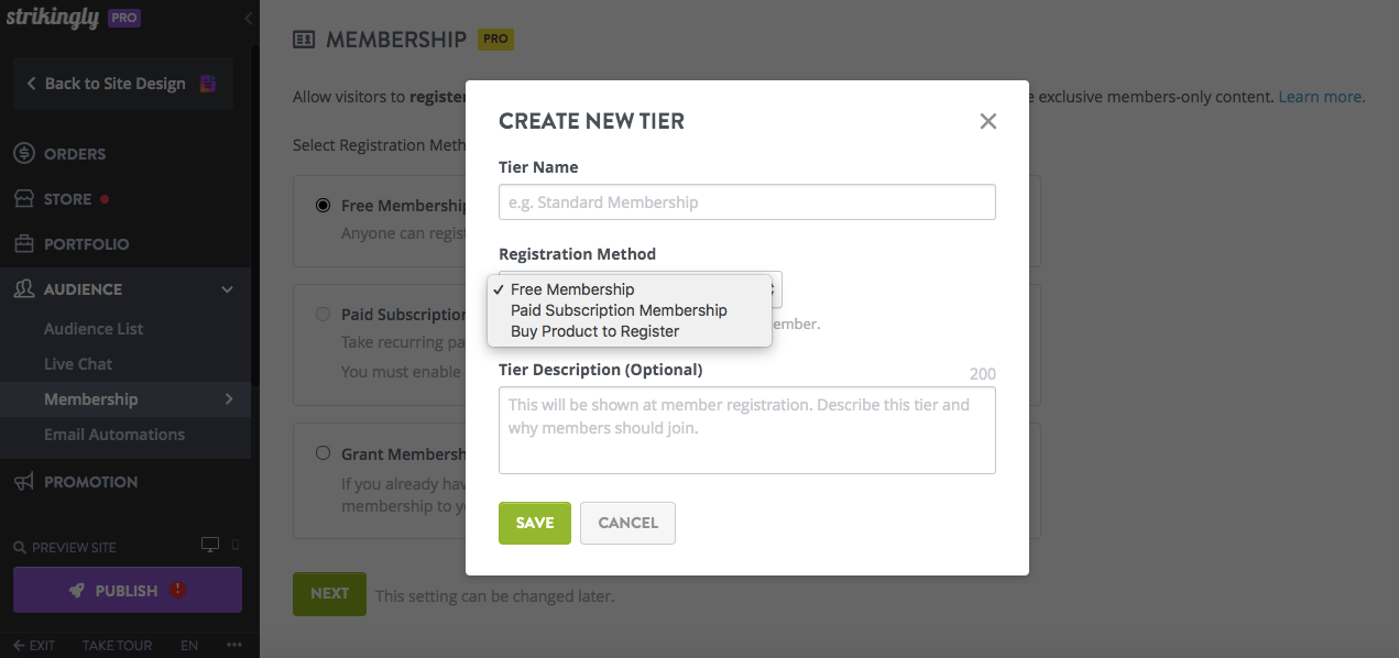 registration method options in the membership feature settings in the Strikingly editor registration method options in the membership feature settings in the Strikingly editor